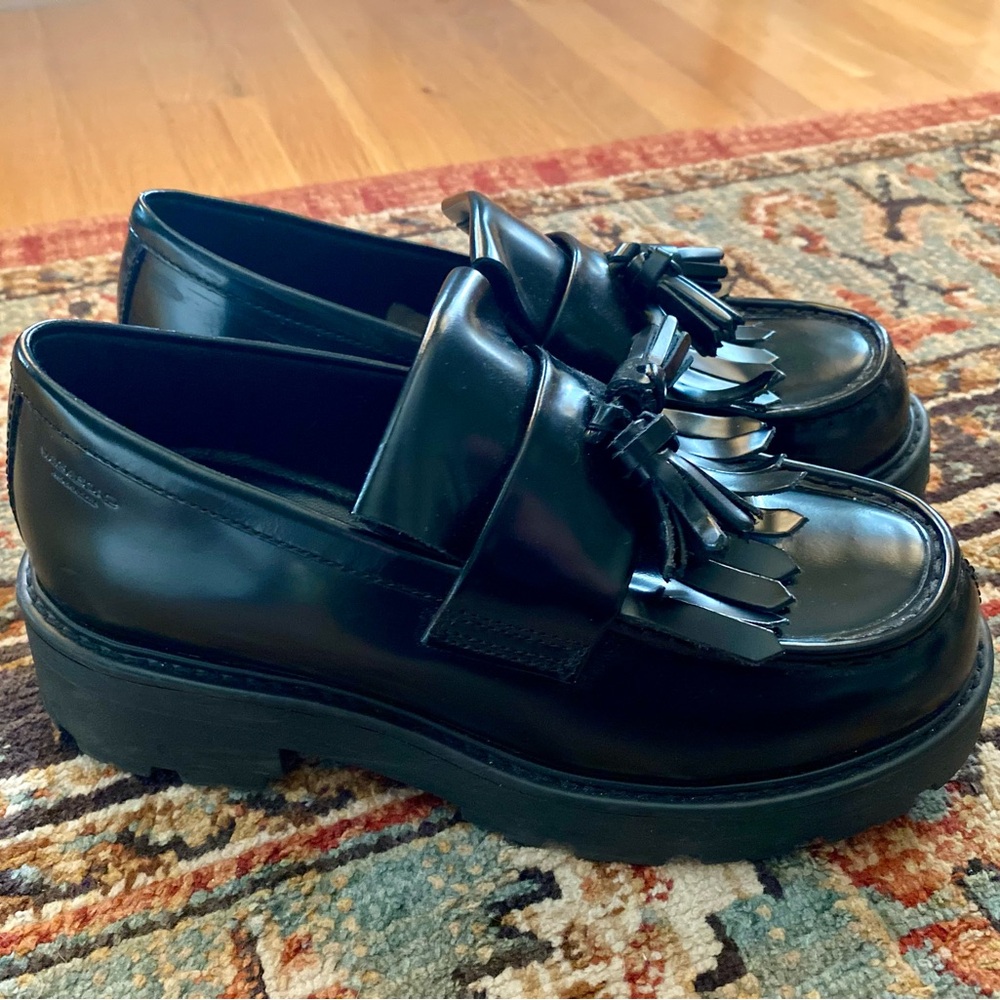 Vagabond Cosmo 2.0 Black Polished Leather Chunky Loafer Shoes with Tassel US 8
